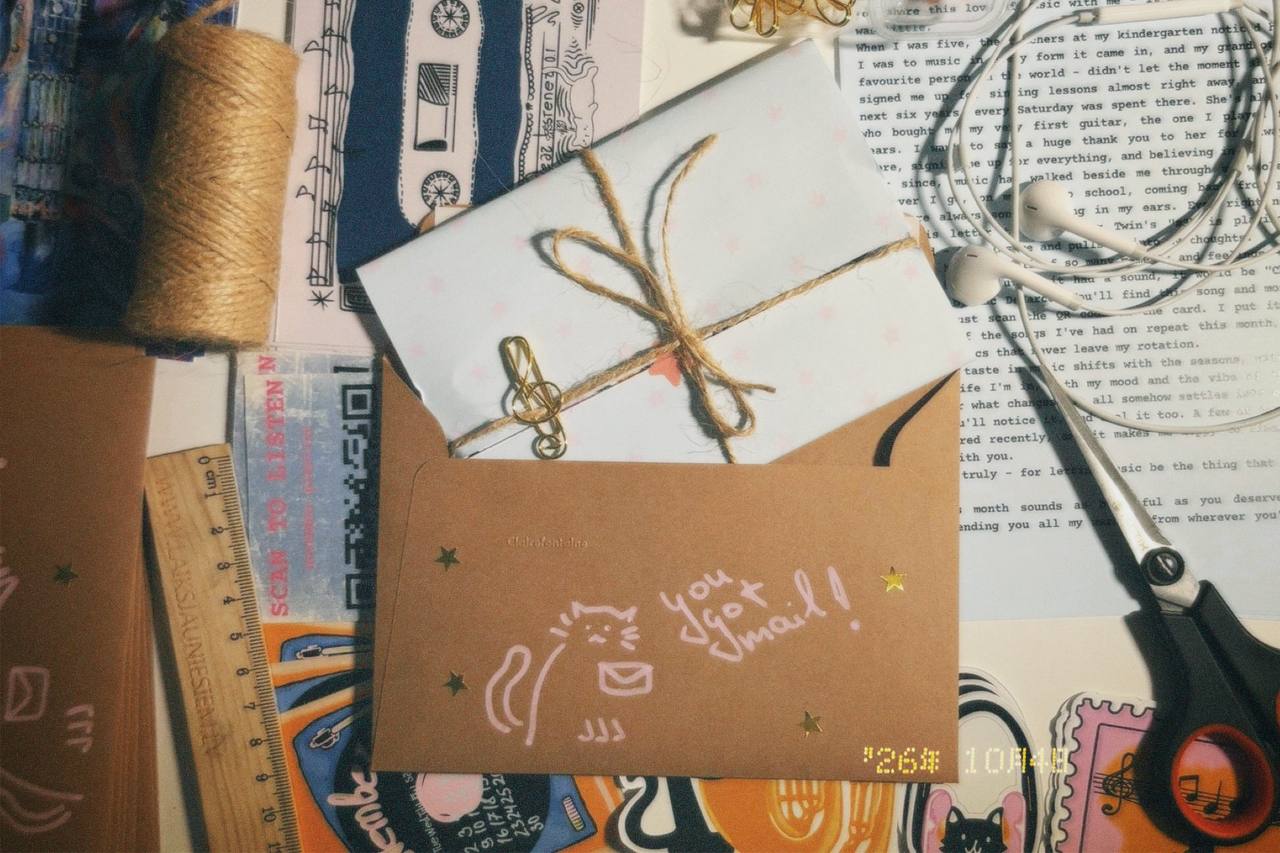 Handmade Dear Listener envelopes, a letter tied with twine, and music-inspired stationery